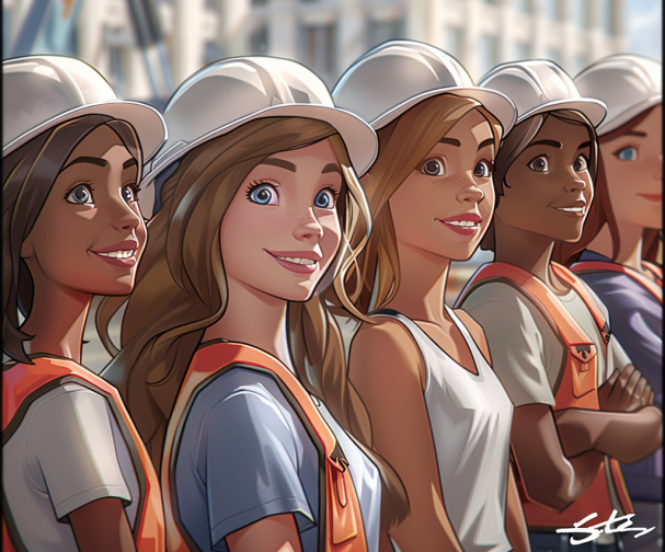 En gjeng med damer jobber på en byggeplass.