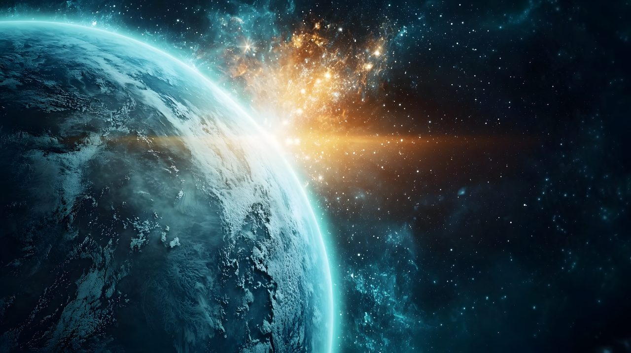 Illustrasjon av jorden sett fra verdensrommet hvor man ser gravitasjonseffekten.