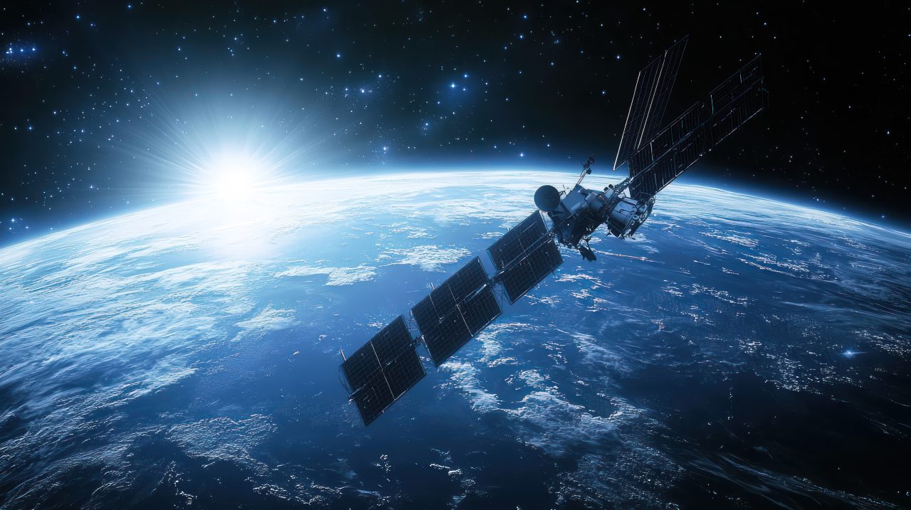 Satelitt som kretser rundt jorda fra verdensrommet, eksosfæren.