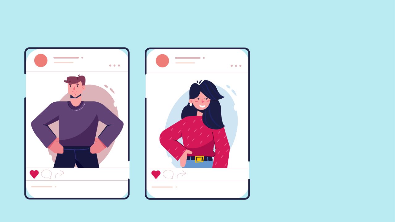 Illustrasjon av to mobiltelefoner eller nettbrett som viser sosiale medier innlegg av to selvsikre mennesker. En mann og en dame.