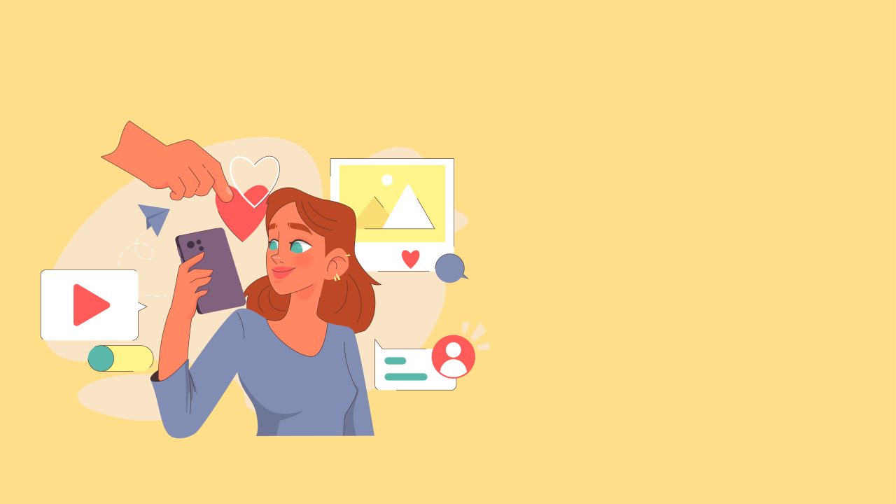 Illustrasjon av ei jente som ser på mobiltelefonen sin. Det er illustrasjoner rundt henne av sosiale medier, som snakkeboble, hjerte og spill-av-video-tegn.