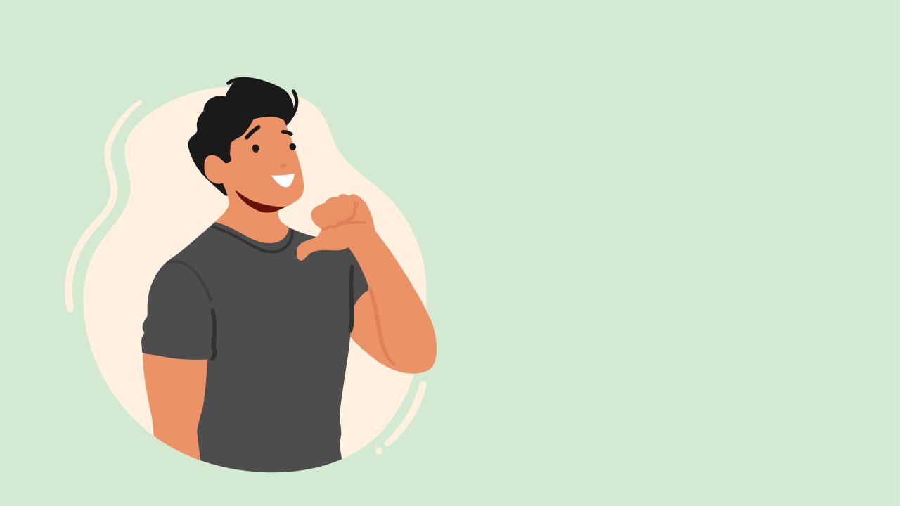 Illustrasjon av en smilende mann som står rak i ryggen og peker på seg selv med tommelen.