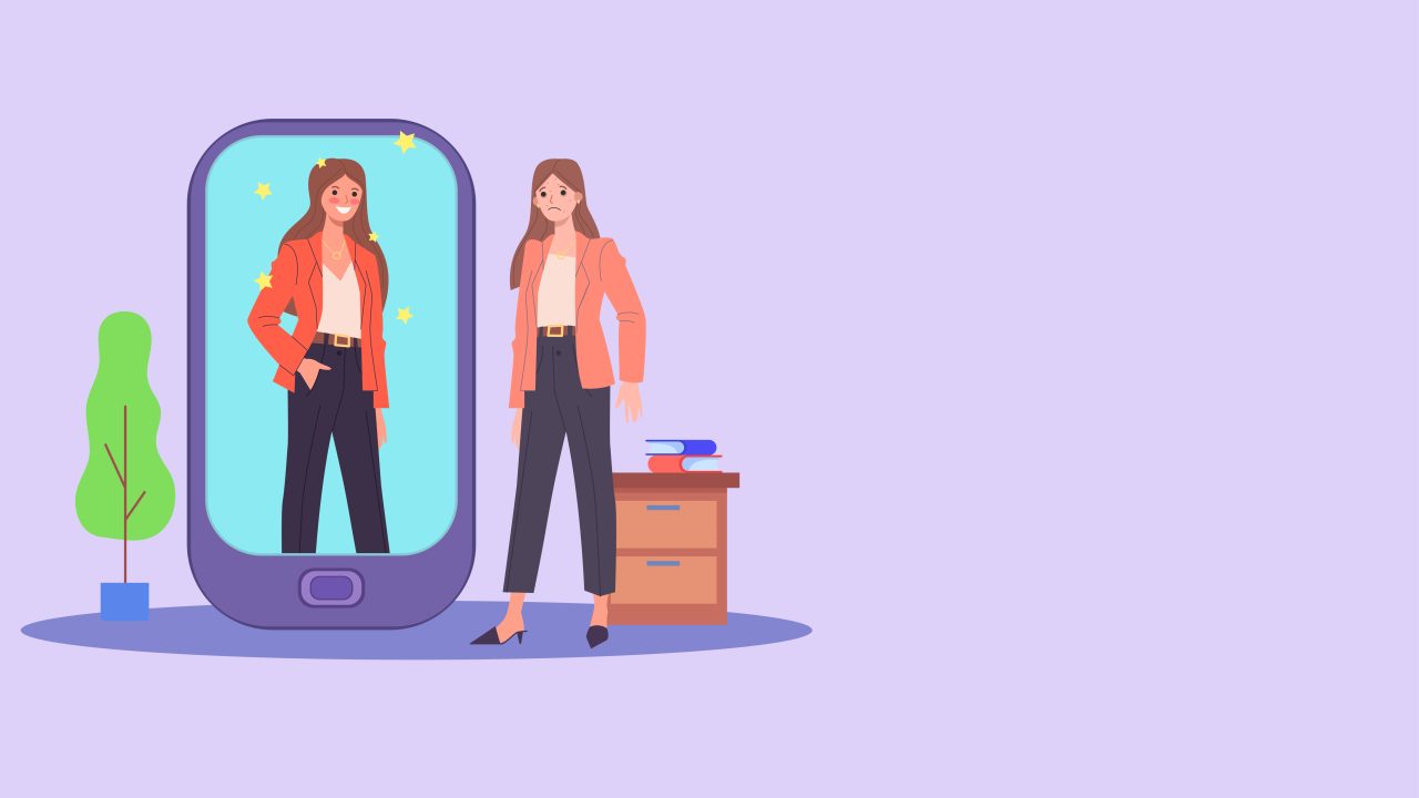 Illustrasjon av en kvinne som ser seg i speilet og ser en pollert versjon av seg selv.