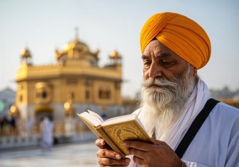 Voksen sikh leser i den hellige boka. I bakgrunnen ser vi det gyldne tempelet.