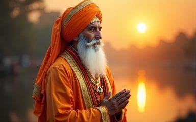 Orangekledt eldre mann med turban og langt hvitt skjegg. Han samler hendene i bønn.