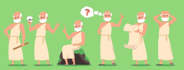 Illustrasjoner av Sokrates i forskjellige positurer.